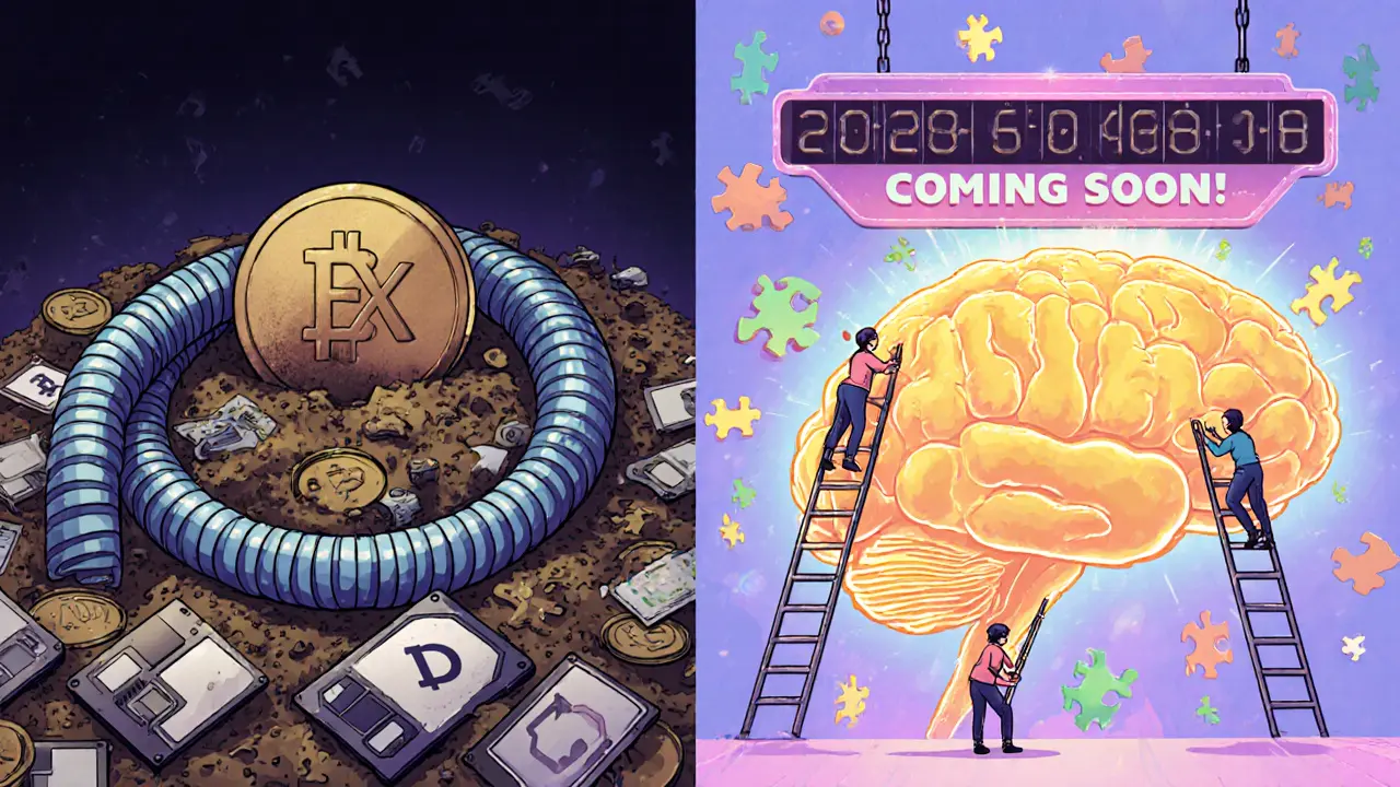 A forgotten EFX token buried in tech junk vs. a glowing EFFECT token powering an AI brain with workers feeding it data.