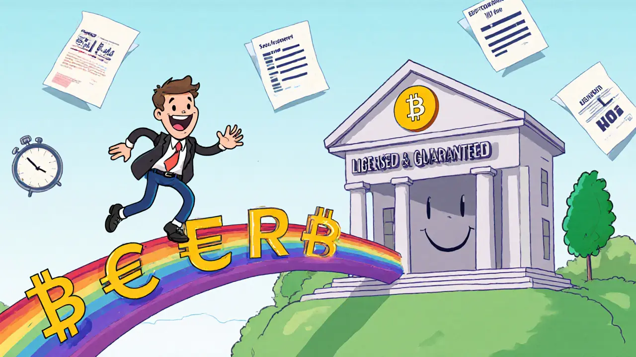 A happy trader dancing on a rainbow bridge to a bank in Liechtenstein with floating approval documents.