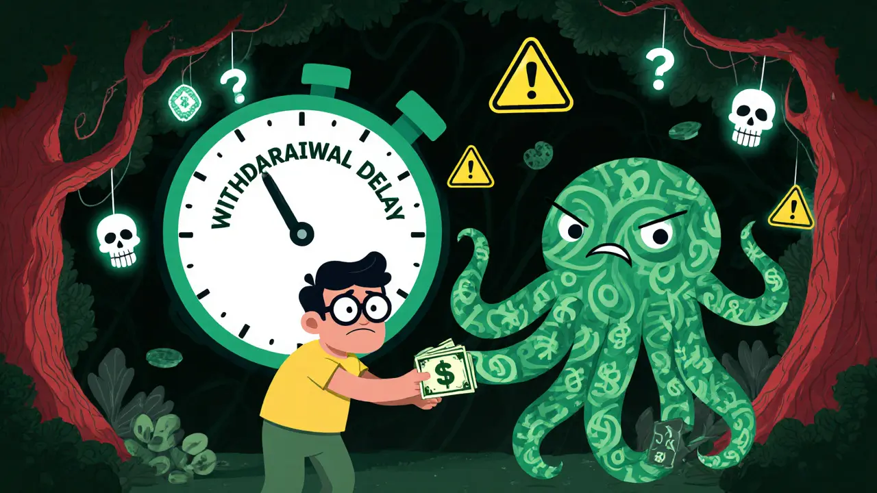A nervous investor giving cash to a crypto mascot as a &#039;Withdrawal Delay&#039; clock ticks slowly in a dark blockchain forest.
