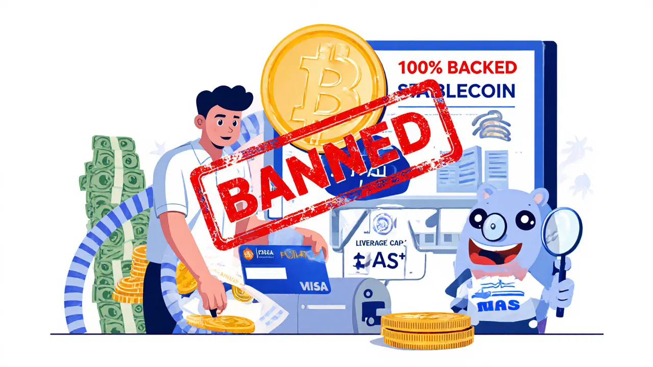 A trader&#039;s crypto purchase is blocked by a red &#039;BANNED&#039; stamp as a stablecoin with cash backing glows safely nearby.