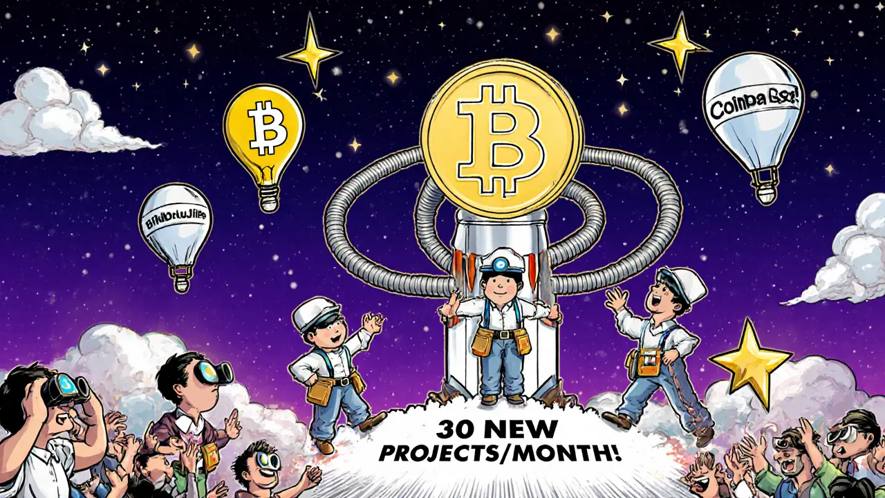 Tiny developers launching a rocket token into space past outdated exchange balloons, with stars labeled &#039;100x!&#039; in the sky.
