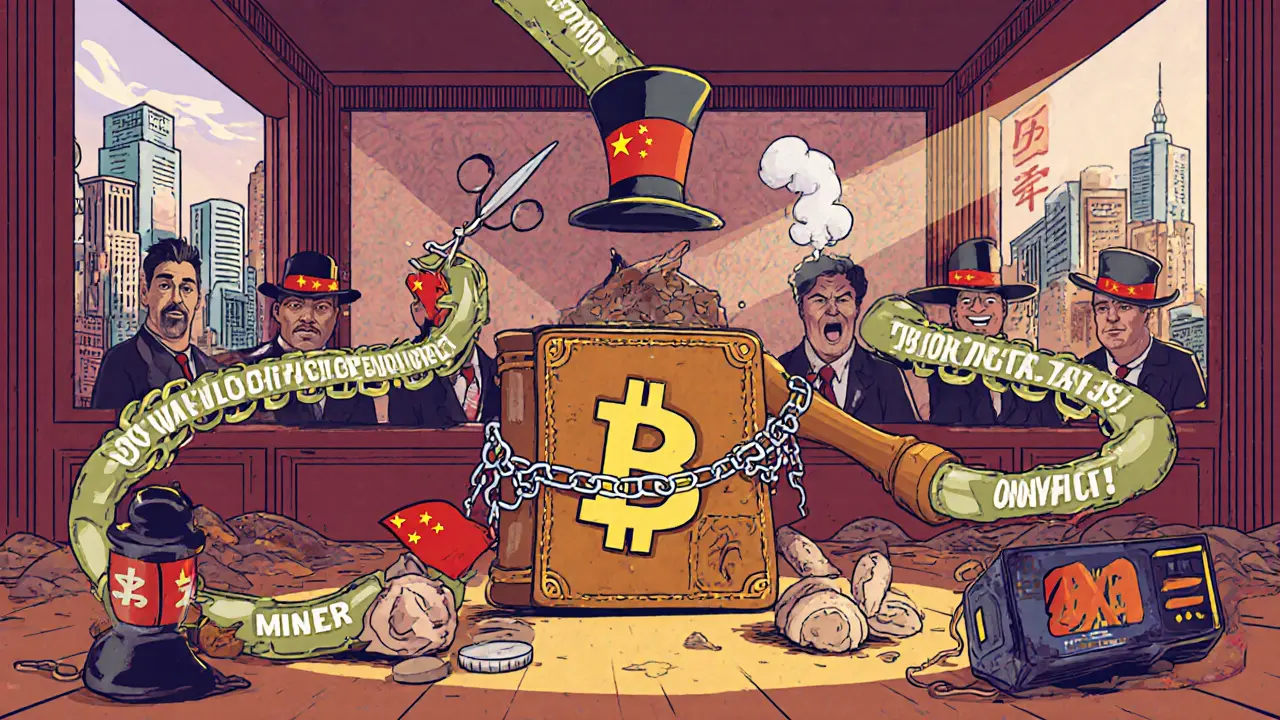 A Bitcoin wallet on trial in a courtroom, judged by blockchain-shaped figures under digital yuan surveillance.