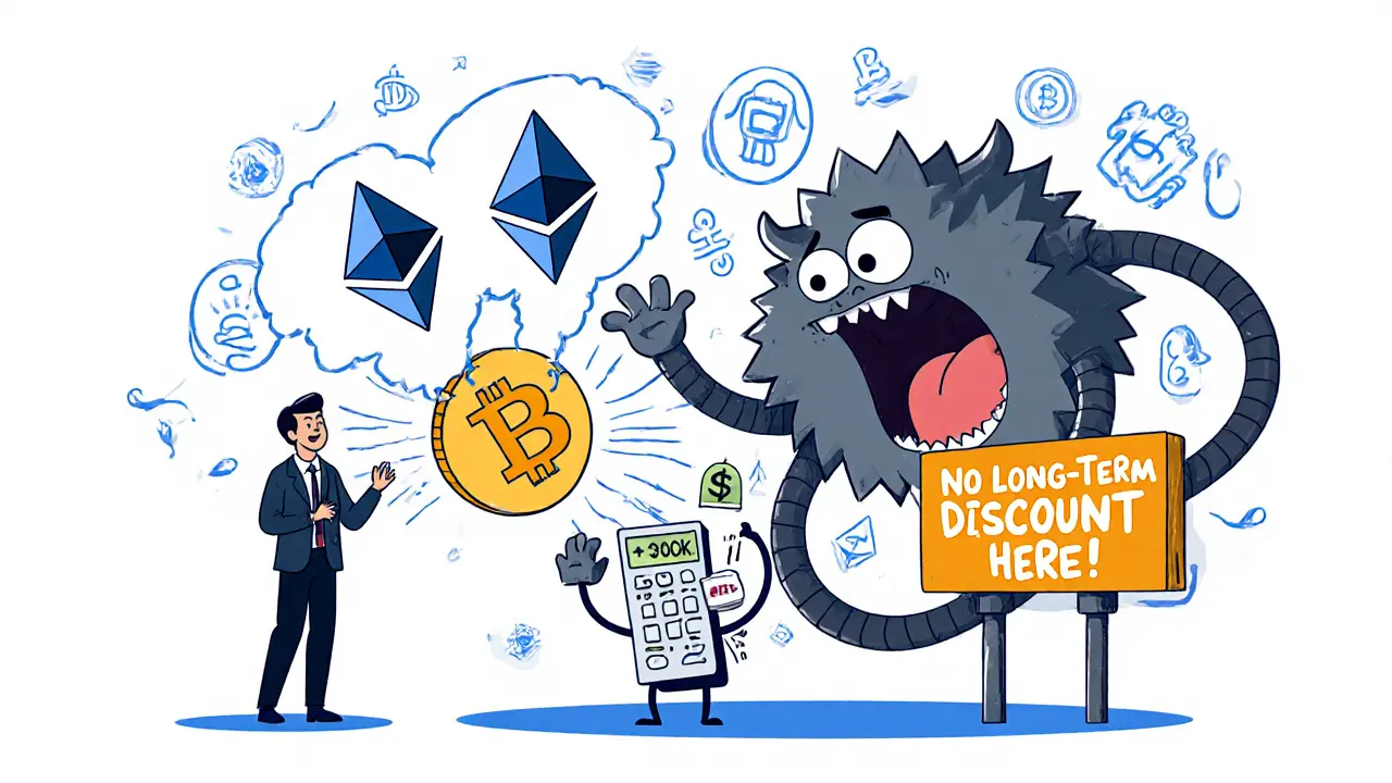 A business owner trading cryptocurrencies while a 30% tax monster eats the profit in playful cartoon style.