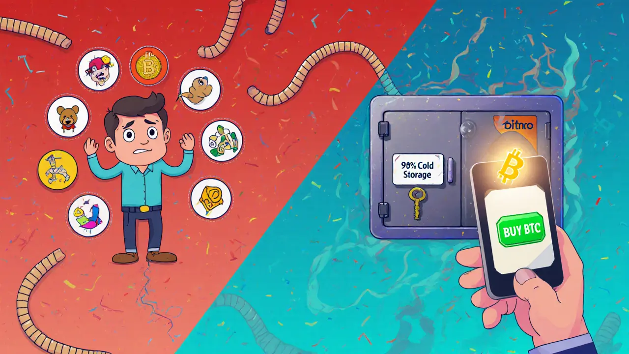 A calm user with a simple Luno app contrasts a confused trader overwhelmed by wild altcoins, with a safety vault securing crypto funds.