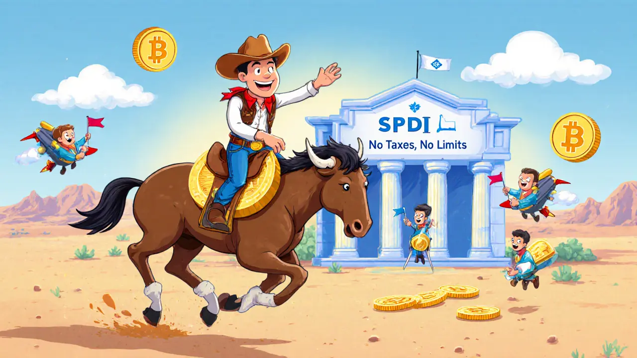 A cowboy rides a Bitcoin bronco past a crypto-friendly bank in Wyoming, with startups flying in on blockchain jetpacks.