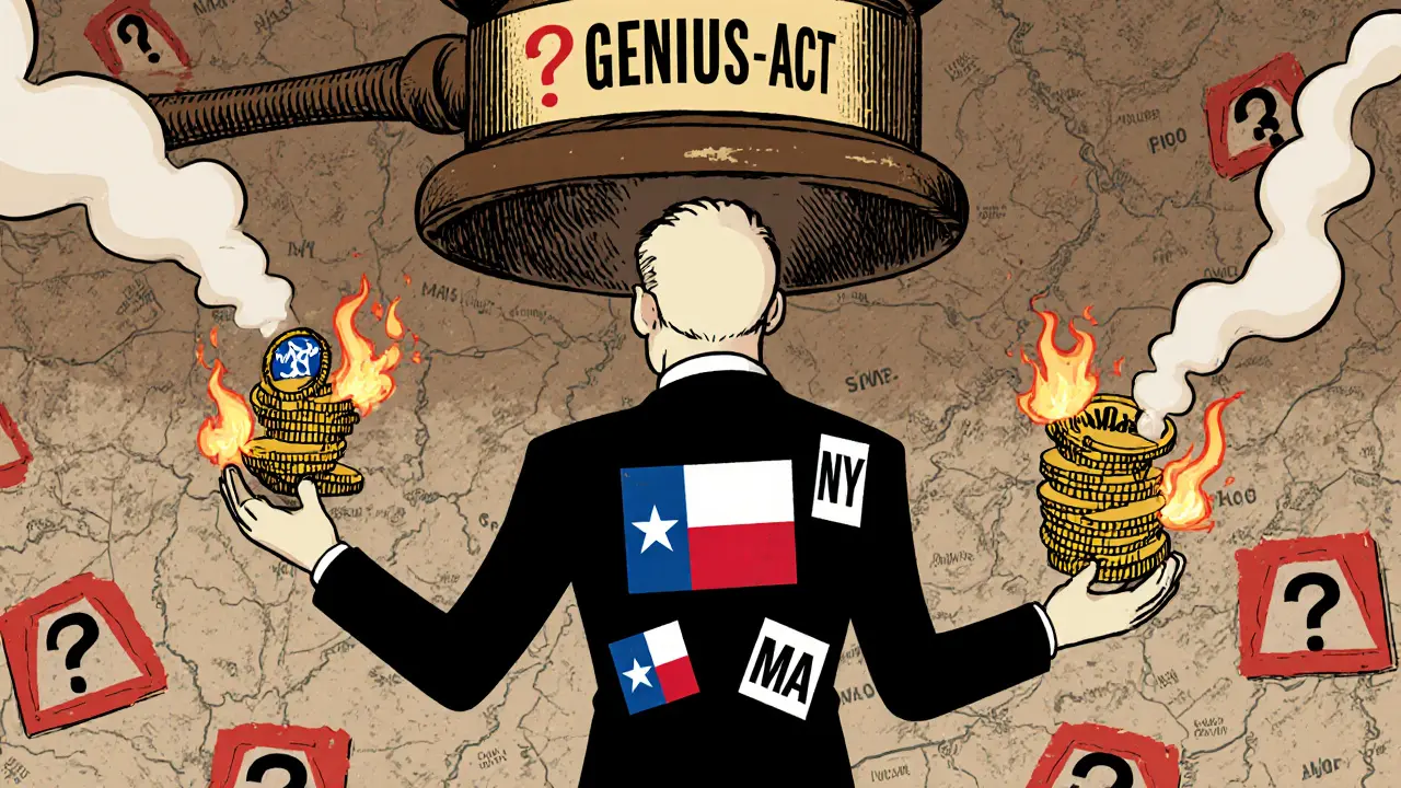 A man juggles flaming state crypto rules as a federal gavel looms, surrounded by chaotic state maps.