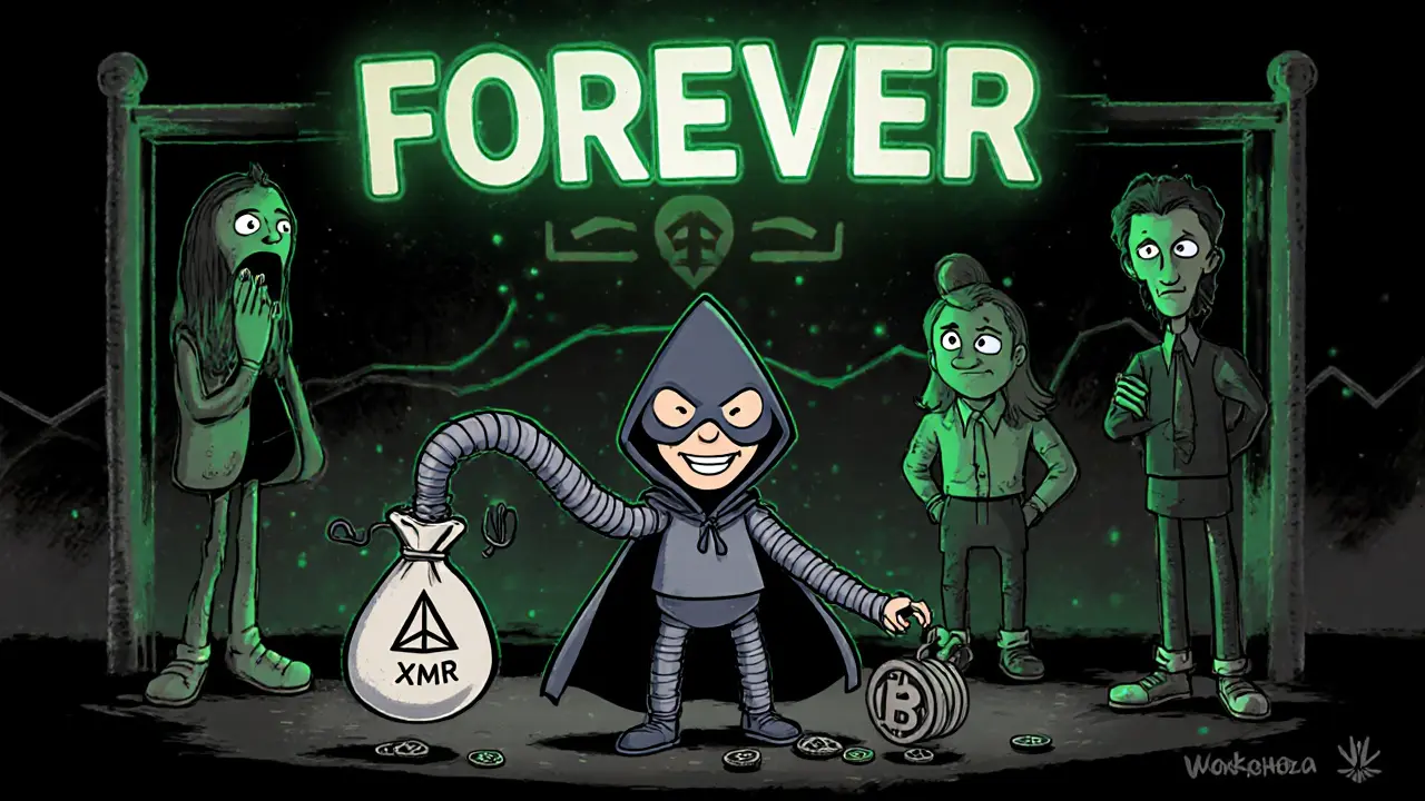 A masked Monero miner handing out endless small coins labeled &#039;Forever&#039;.