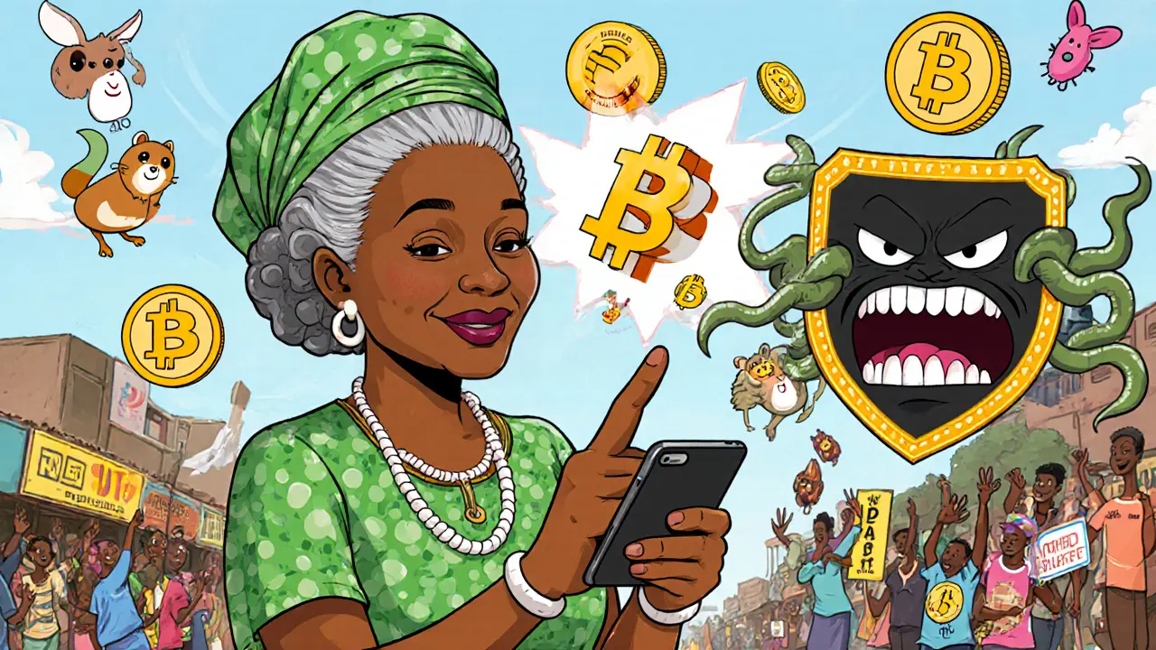 A Nigerian grandmother happily buys Bitcoin on her phone while friendly cartoon coins float around her, blocked from chaotic trading symbols.