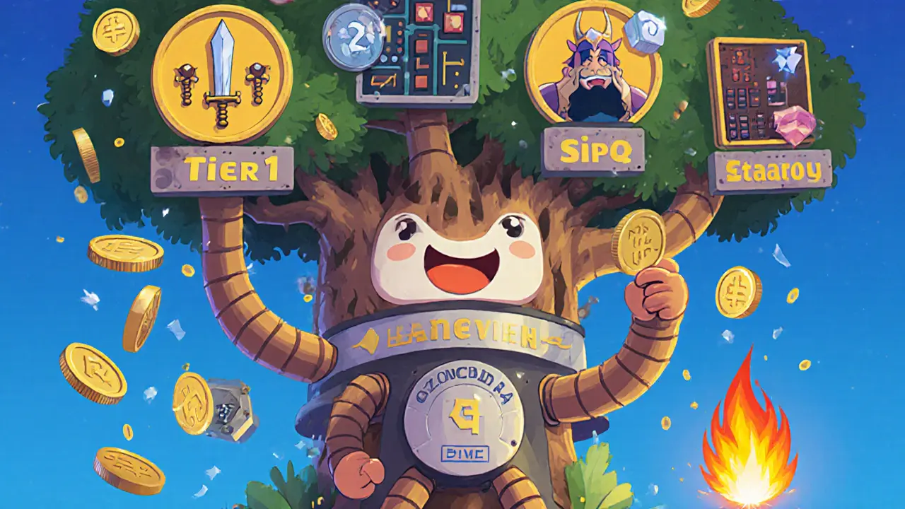 A player staking GZONE tokens into a smiling tree with tiered game icons and golden reward coins falling down.
