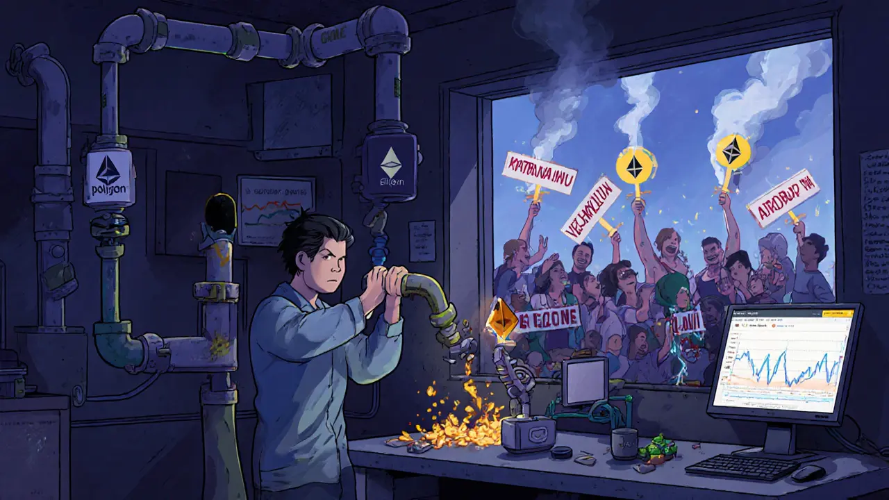 A quiet team building blockchain games while fake airdrop signs dissolve into smoke outside their workshop window.