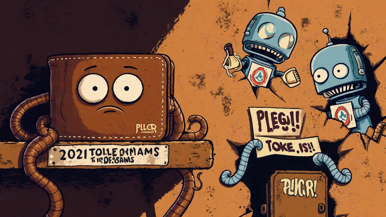 A sad wallet on a dusty shelf is invaded by cartoonish Telegram bots offering fake PLGR tokens.