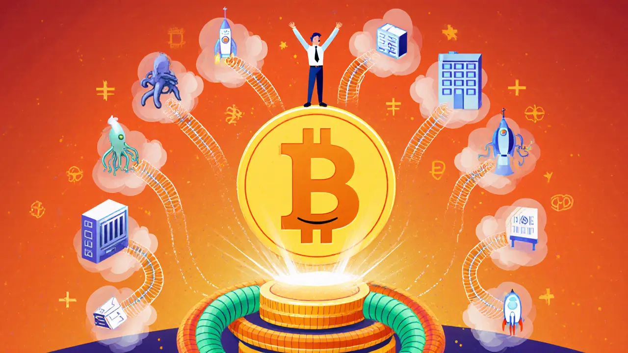 A smiling WOO token staking itself while liquidity from cartoon institutions flows into a tight order book.