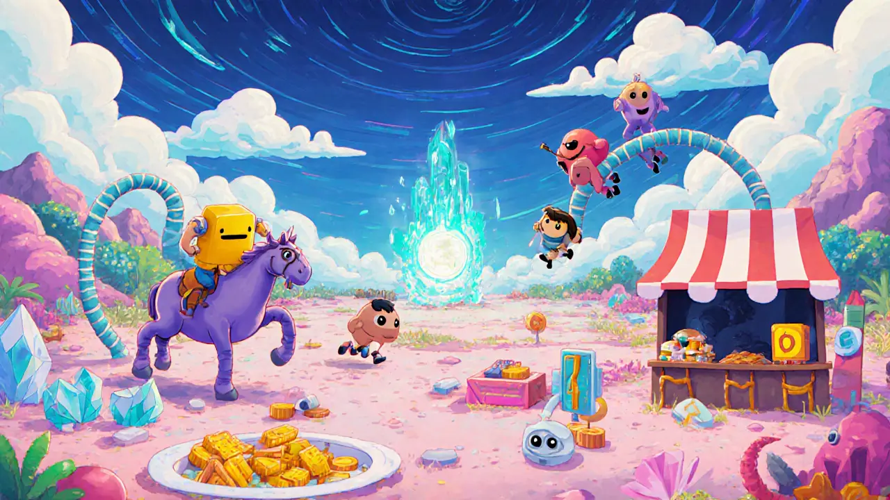 Characters riding MOMO NFTs in a colorful GameFi metaverse with glowing tokens and cross-chain portals.