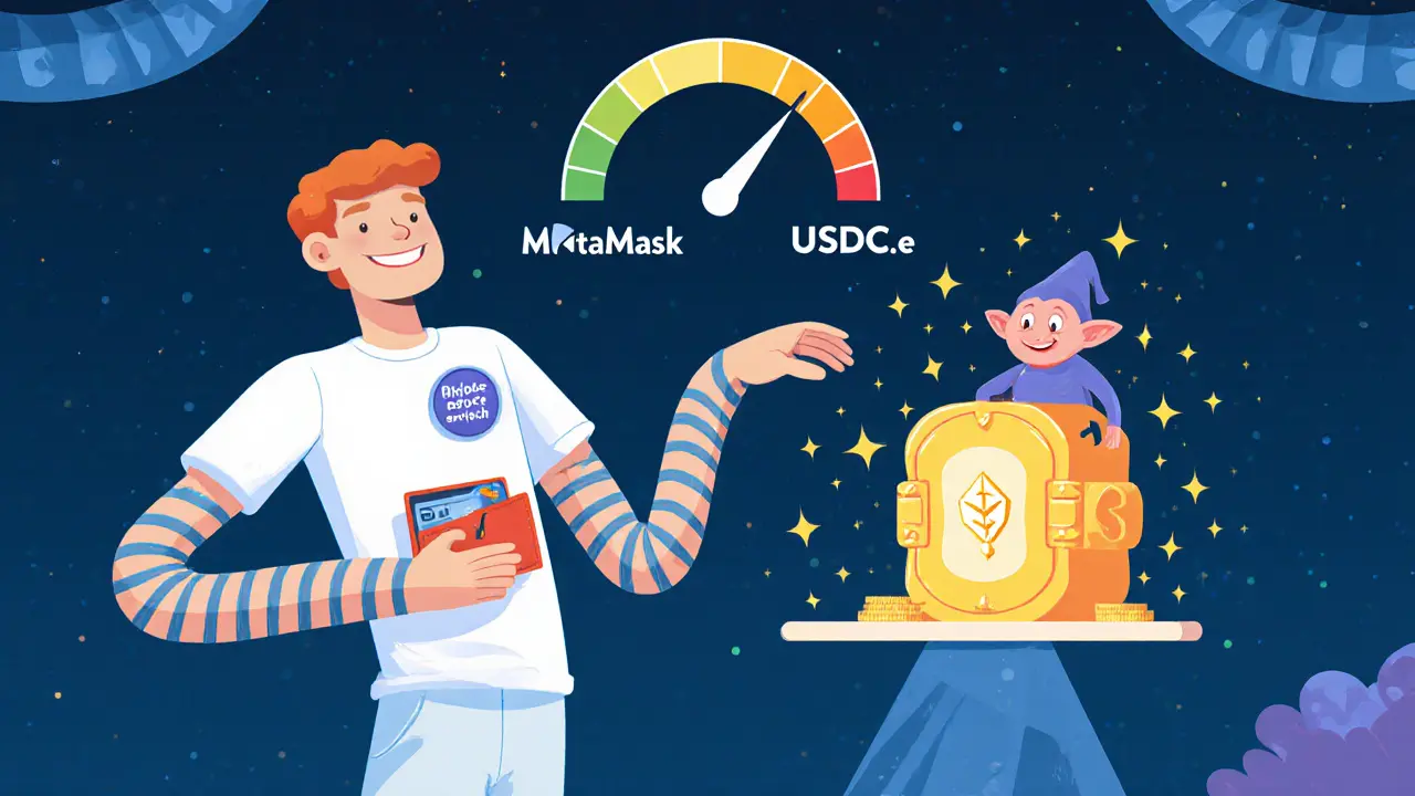 Flexible user depositing crypto into a vault while a borrowing goblin steals funds, with health meter and Discord badge visible.