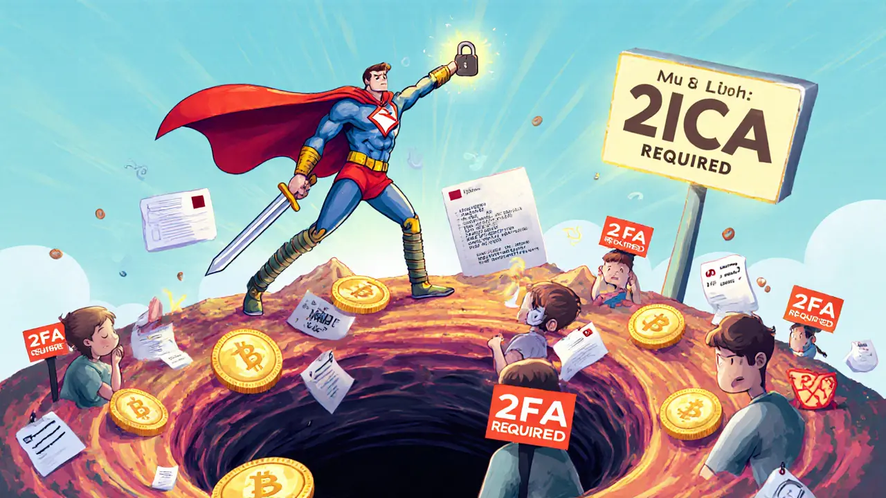 Hero with recovery code cape blocks phishing vortex, while others fall into a black hole without 2FA.