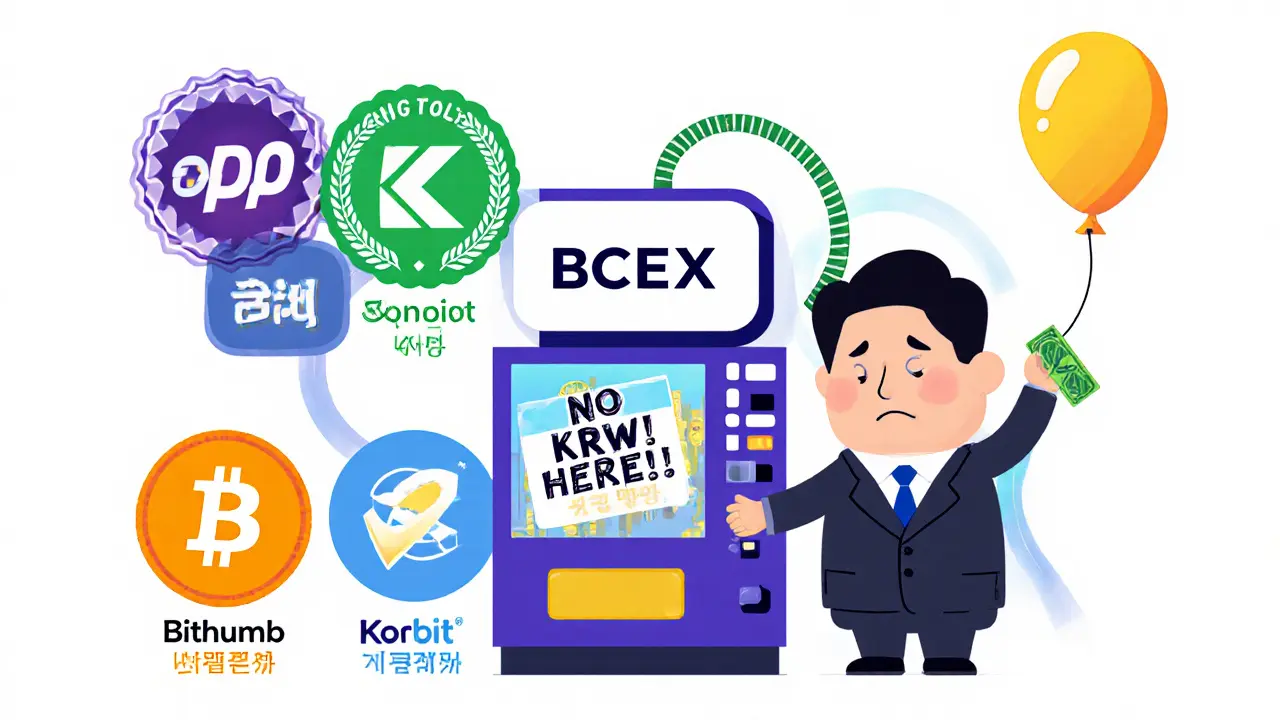 Korean trader trying to deposit won into a BCEX machine that rejects it, while other exchanges glow nearby.