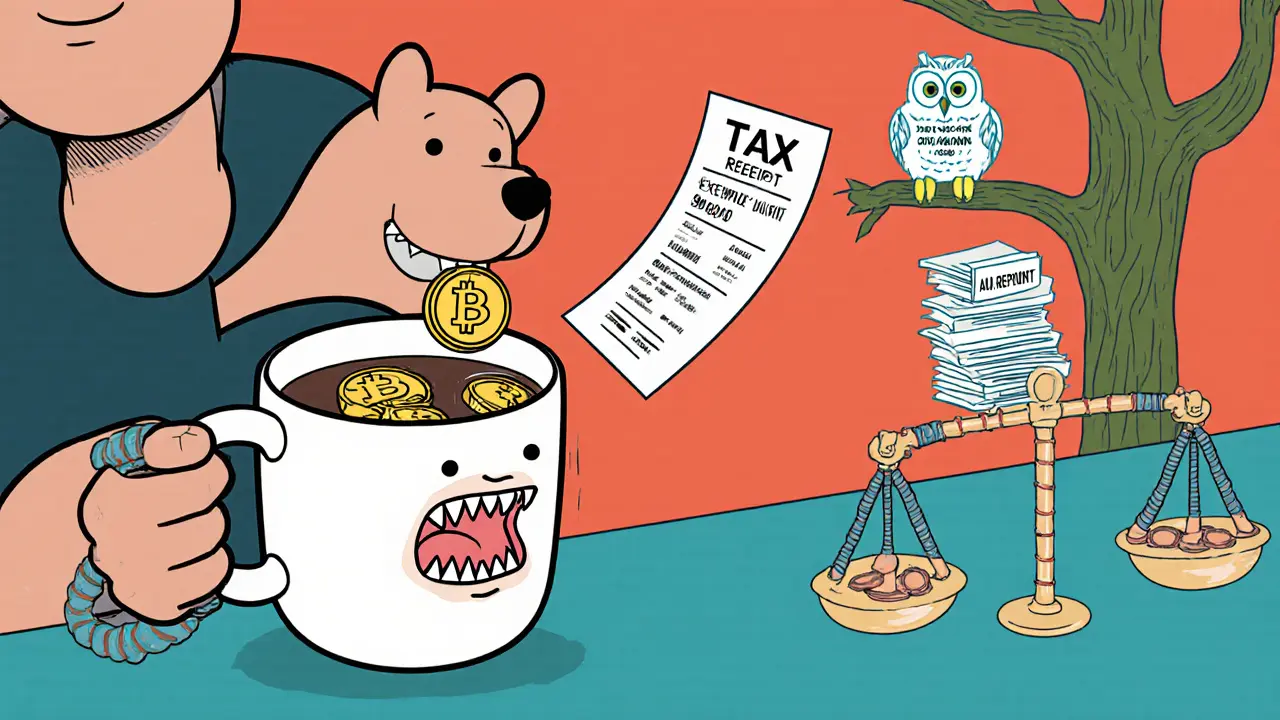 Someone using Dogecoin to buy coffee, with a tax receipt popping out and a scale showing gains in cartoon style.