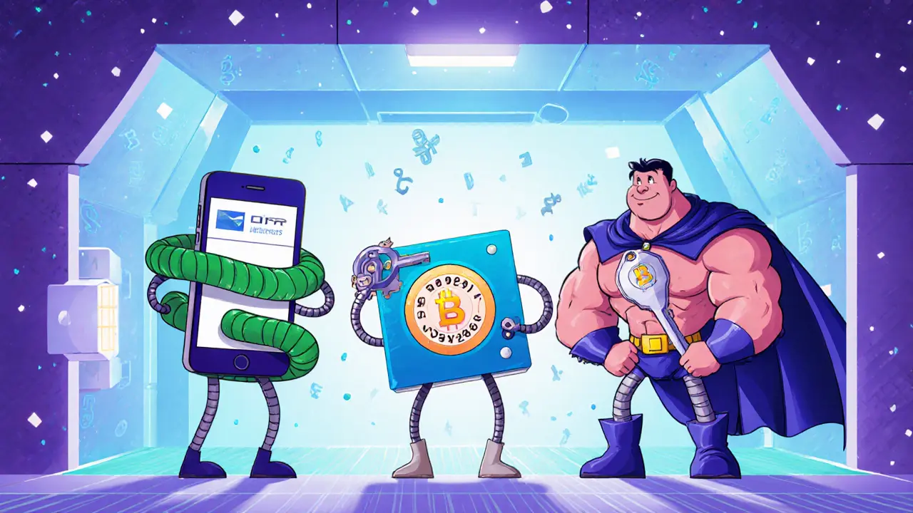 Three cartoon keys: SMS with a snake, authenticator app as a spinning cube, and hardware token as a heroic key.