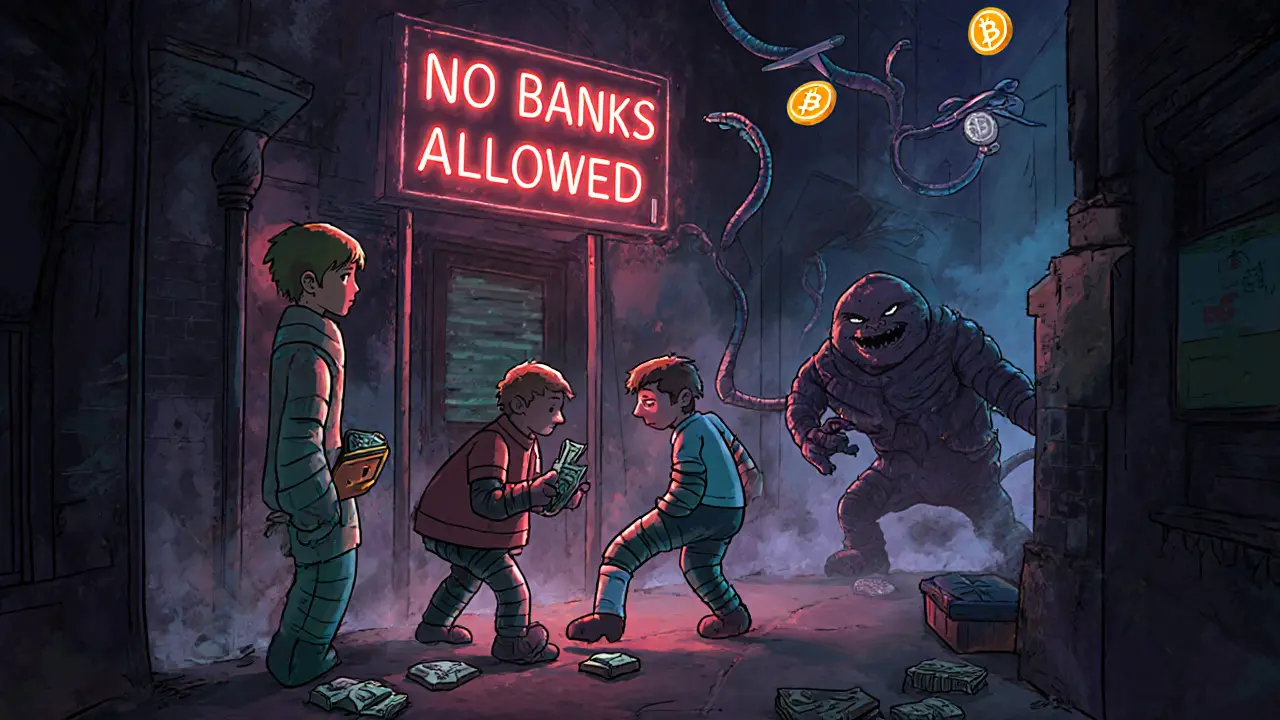 Underground crypto traders exchanging cash in a smoky alley while a bank monster chases them.