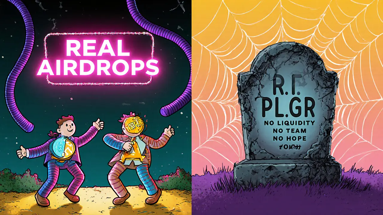 Vibrant active DeFi tokens dance on one side, while a crumbling PLGR tombstone decays on the other.