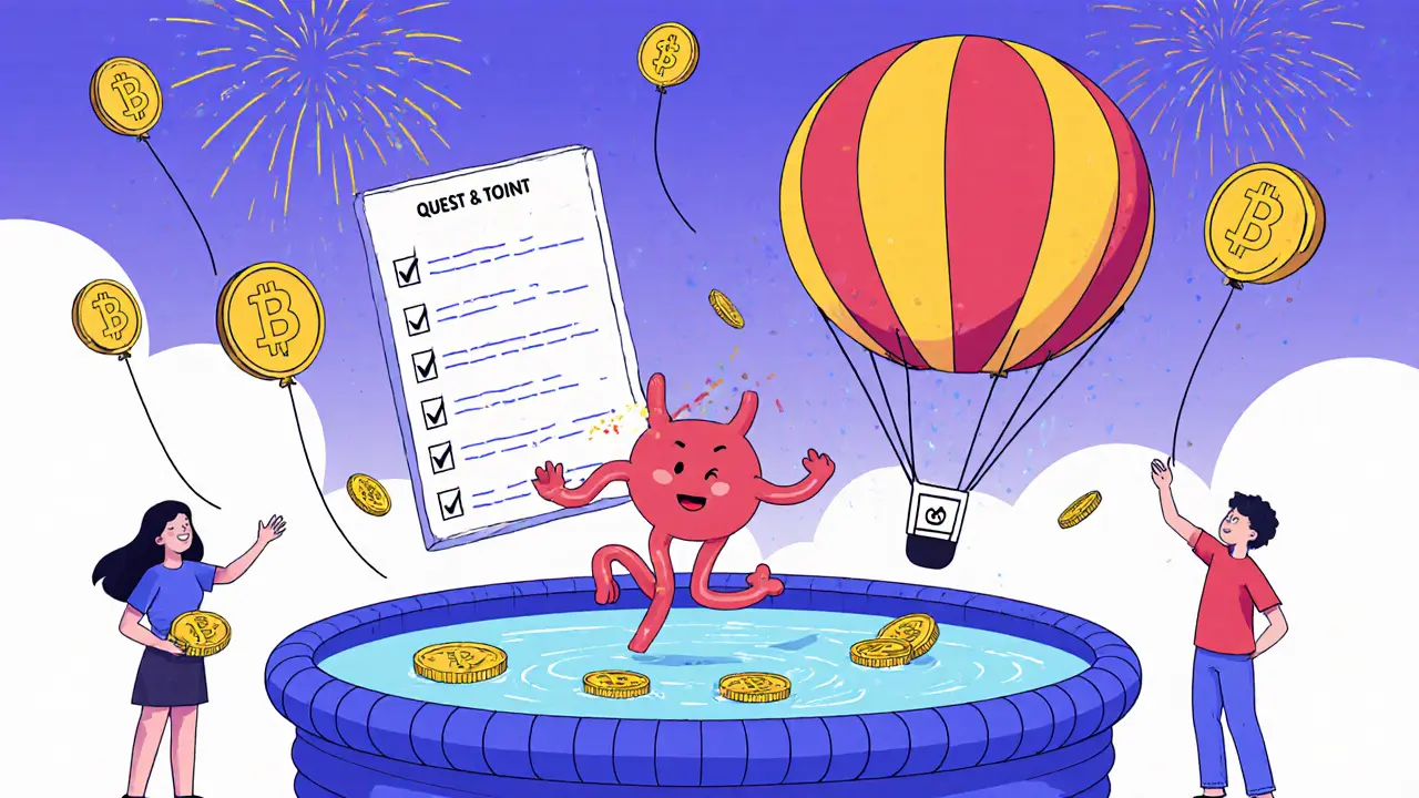 Whimsical ILO party with dancing tokens, LP balloons, and point fireworks under a SAKE token parachute.