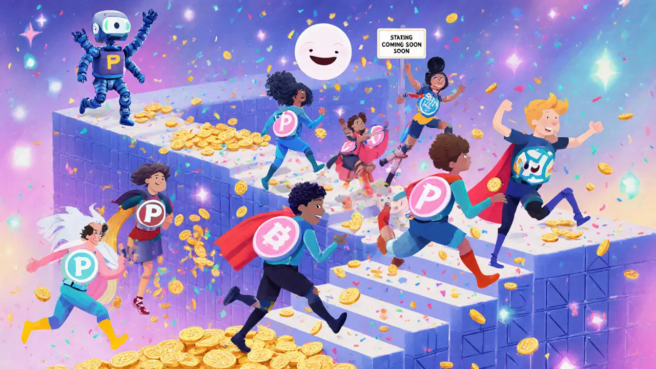 100 characters racing up a blockchain staircase for Season 2 PEARL rewards with staking sign at top.