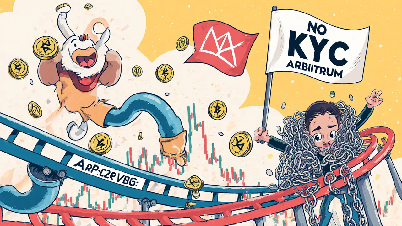A cheerful trader places an order on a rollercoaster chart as APEX tokens rain down, with a &#039;NO KYC&#039; flag waving nearby.
