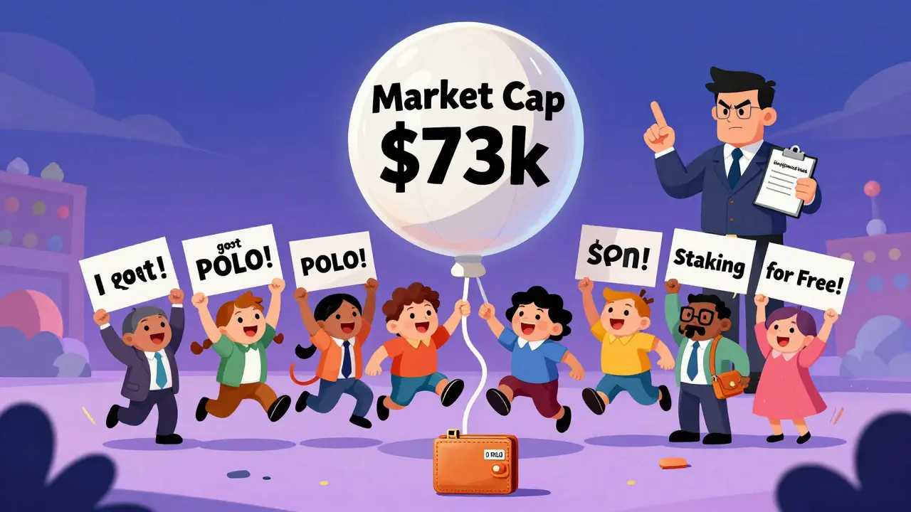 A crowd celebrating on a hollow k balloon while a tiny wallet with &#039;0 POLO&#039; sits alone below, watched by an SEC officer.