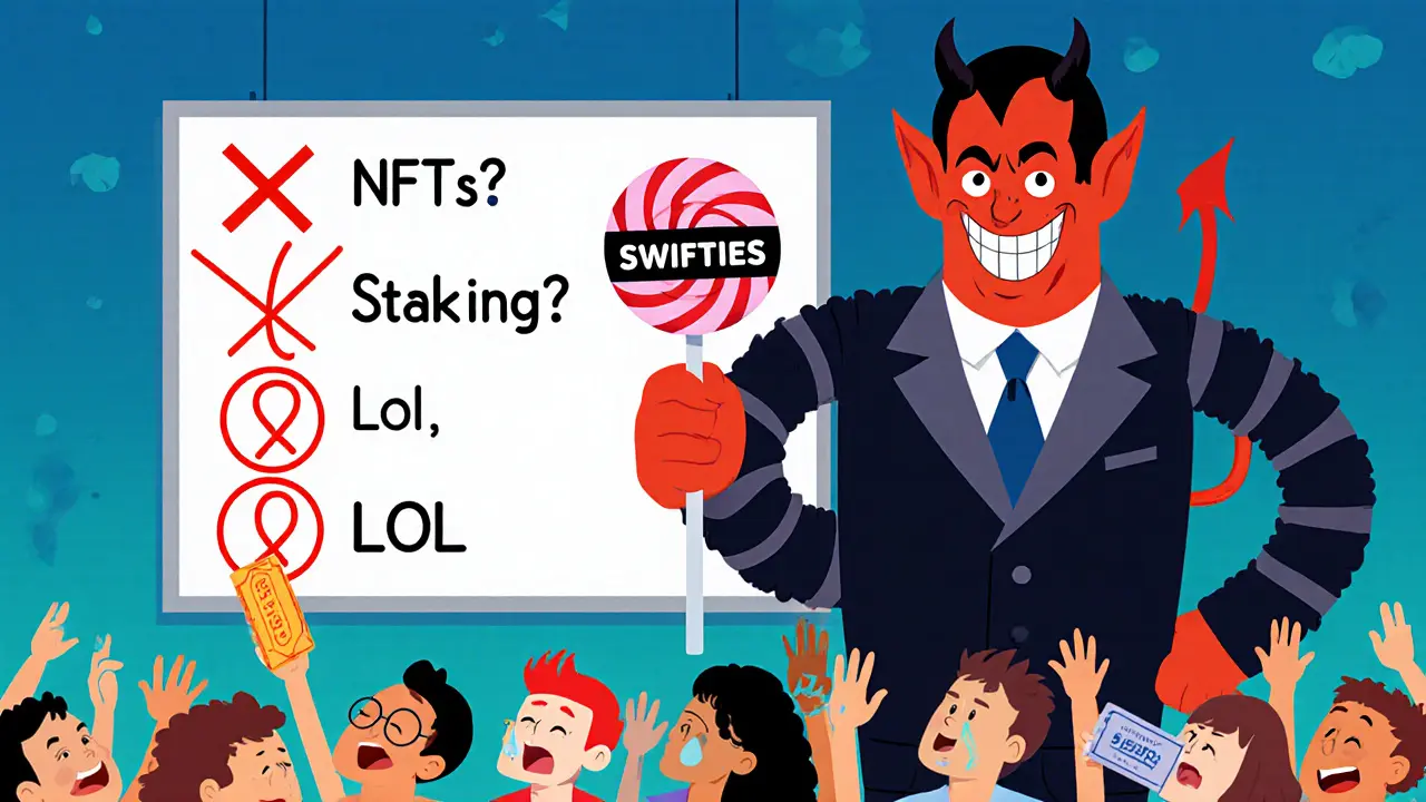 A devil in a gas fee suit offers a SWIFTIES lollipop to fans while a whiteboard shows empty promises.
