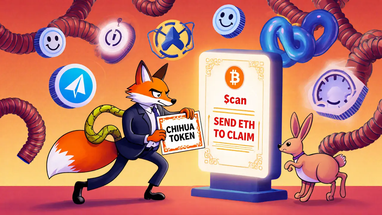 A fox in a suit luring a rabbit toward a scam portal labeled &#039;SEND ETH TO CLAIM&#039;.