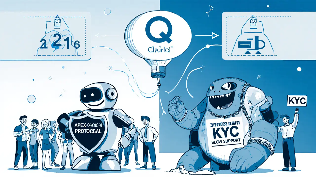 A friendly non-custodial robot stands beside happy traders, while a sluggish centralized exchange monster lags behind.