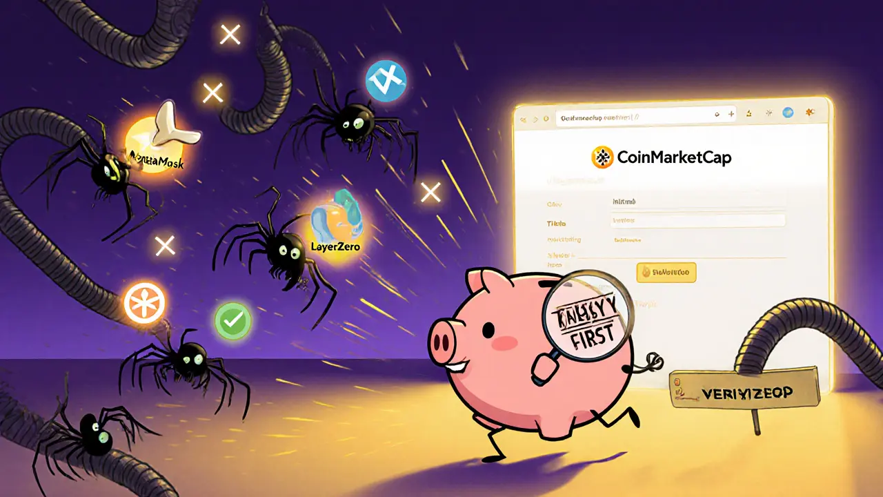 A friendly wallet dodging phishing spiders while real crypto projects glow safely in the distance.