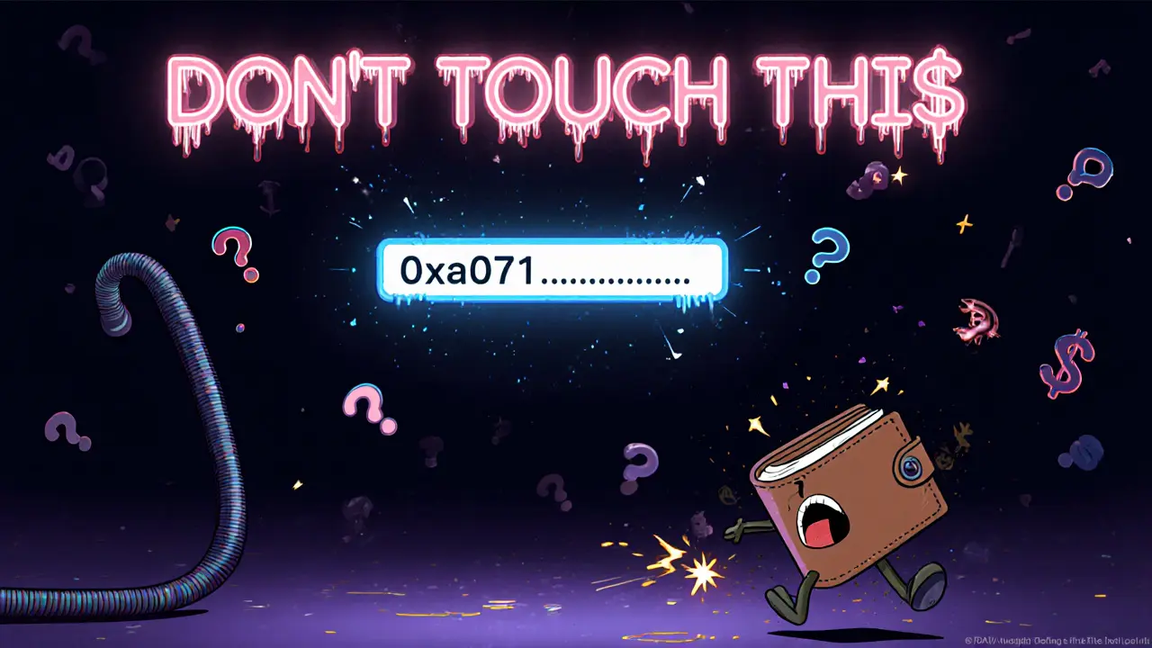 A glowing contract address in dark void, with a running wallet and neon &#039;DONT TOUCH THIS&#039; sign in cartoon style.