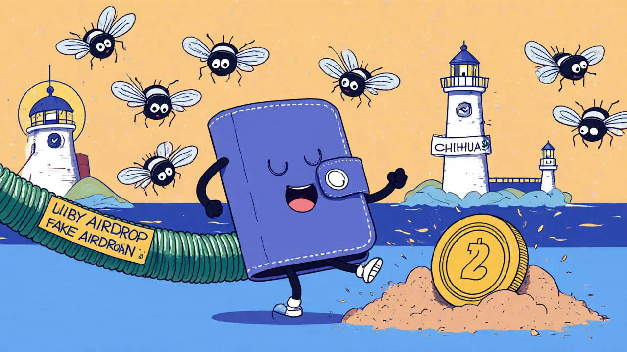 A heroic wallet kicking away scam bots, while real airdrops shine in the distance and CHIHUA is buried in dust.