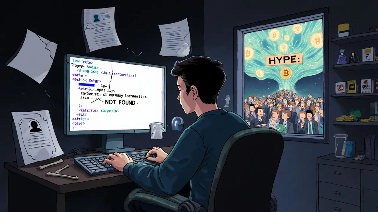 A lonely developer faces empty project traces as a crowd chases vanishing ECIO tokens.