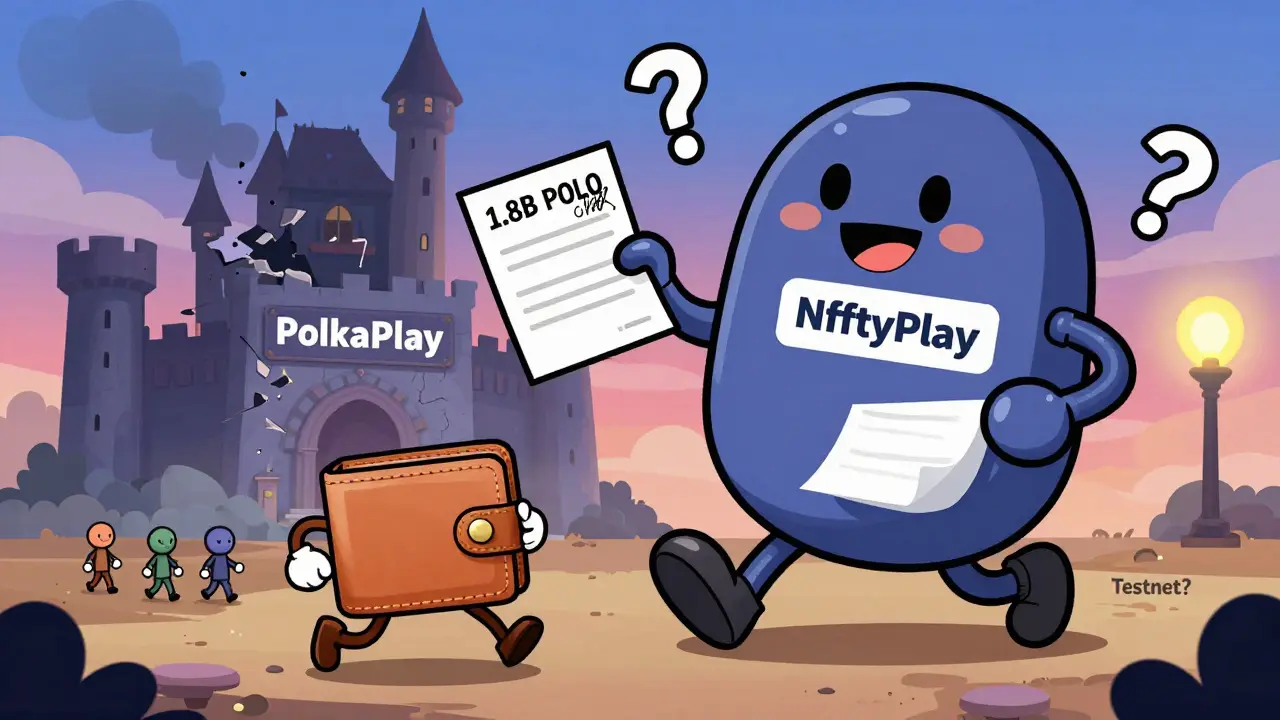 A running wallet fleeing from a faceless NftyPlay entity holding a blank contract, as users walk away with empty hands.