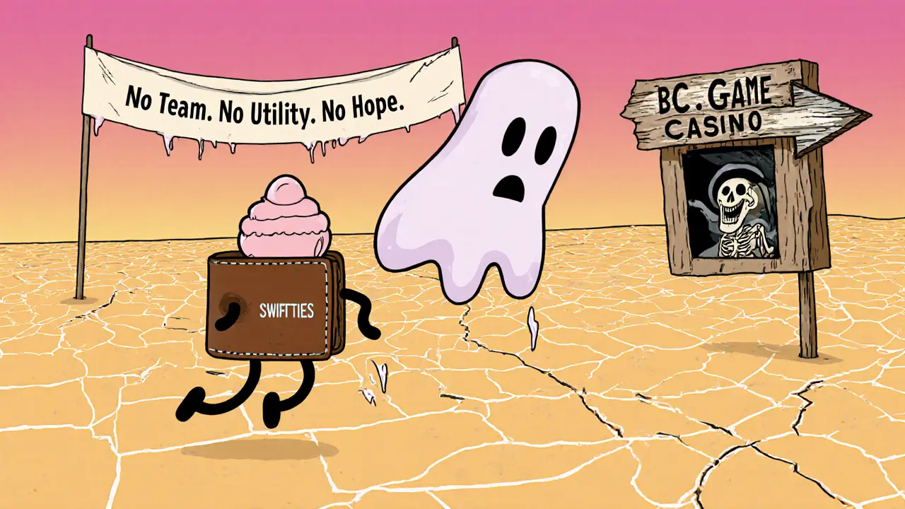 A sad wallet walks through a desert of crypto charts carrying a melting SWIFTIES token.