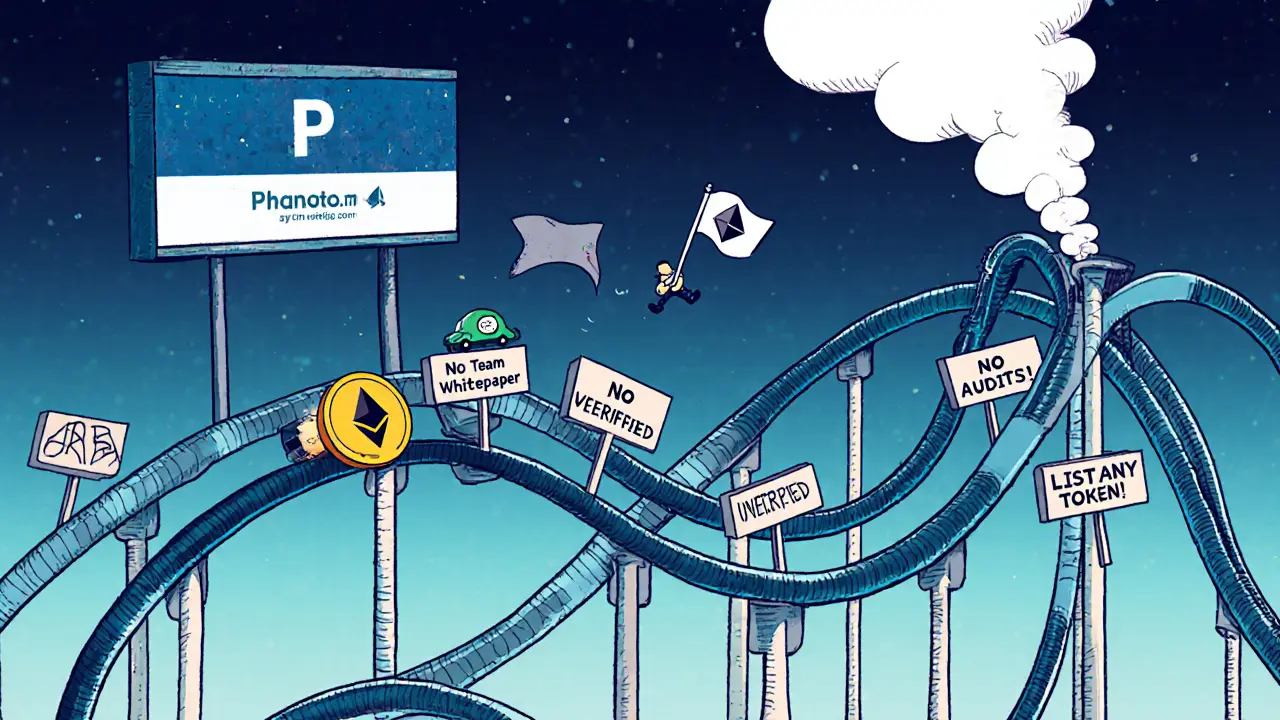 A tiny BECKOS token car on a crumbling blockchain rollercoaster, passing warning signs in rubber hose animation style.