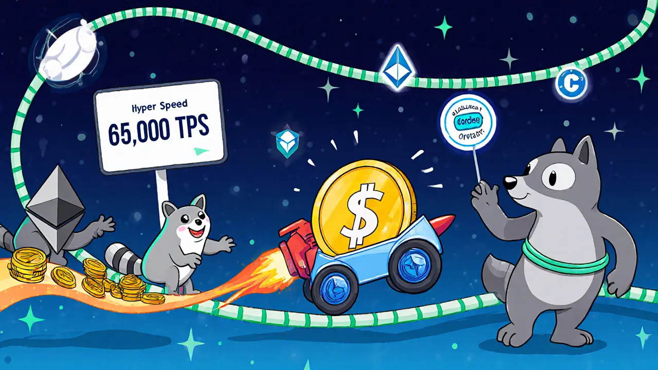 A zooming Solana coin rollercoaster with users and pennies trailing behind at high speed.