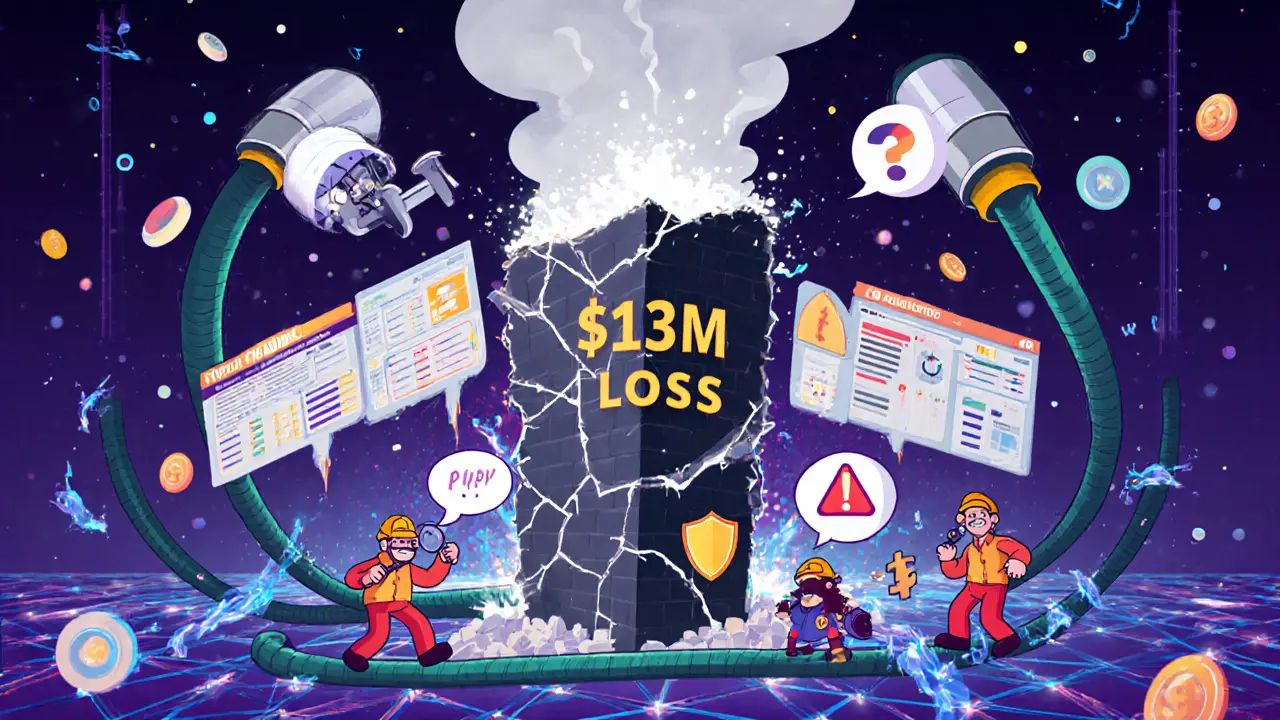 Cartoon engineers rebuilding a broken blockchain tower with security shields and warning banners after a major hack.