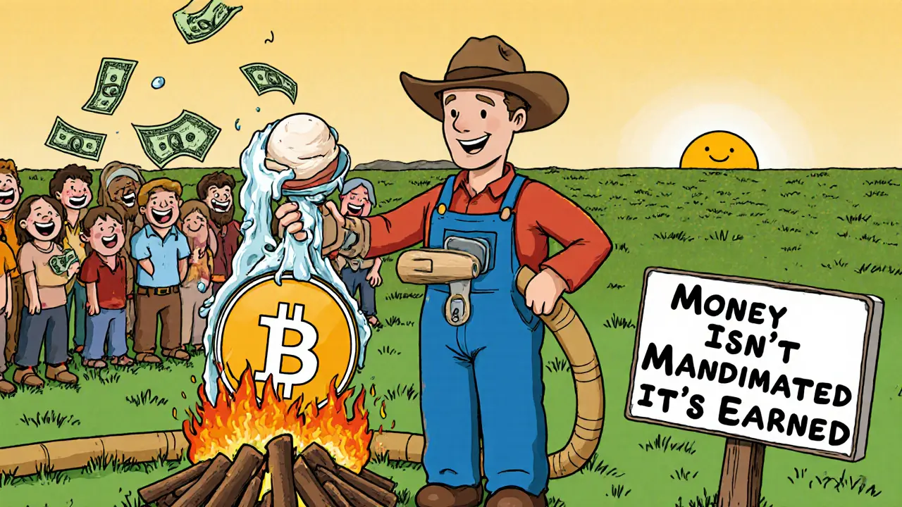 Farmer watches Bitcoin melt into dollars as villagers burn Chivo Wallets, sign reads &#039;Money Isn&#039;t Mandated — It&#039;s Earned.&#039;