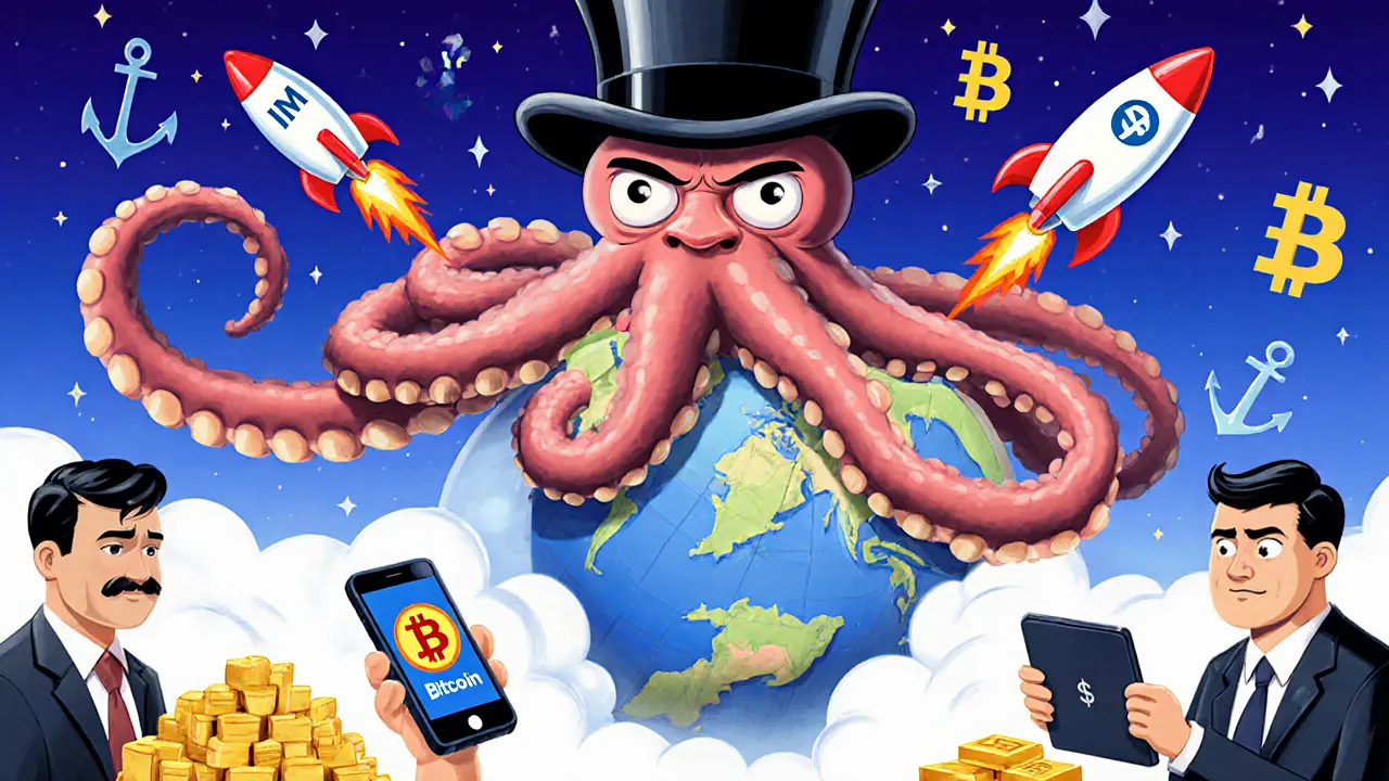 IMF octopus gripping El Salvador as Bitcoin rockets fly away, citizens stare at sinking Chivo Wallets.