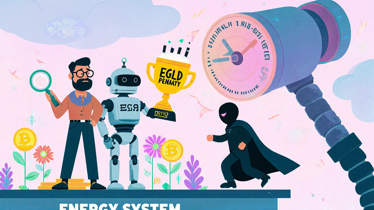 Three trader types standing on a platform with locking time capsules that grow reward flowers, while a penalty hammer looms over a fleeing day-trader.