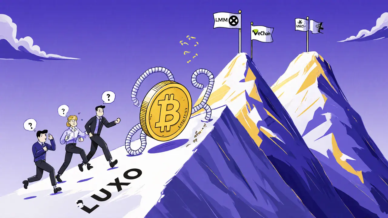 A bouncing LUXO token rolling down a price drop hill as investors chase it, while major brands shine on a distant mountain.
