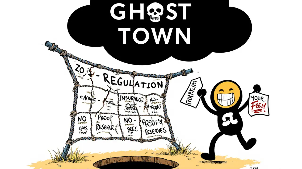 A broken safety net hangs above a hole labeled &#039;Your Crypto&#039; as a smiling mascot waves a &#039;Zero Fees!&#039; sign.