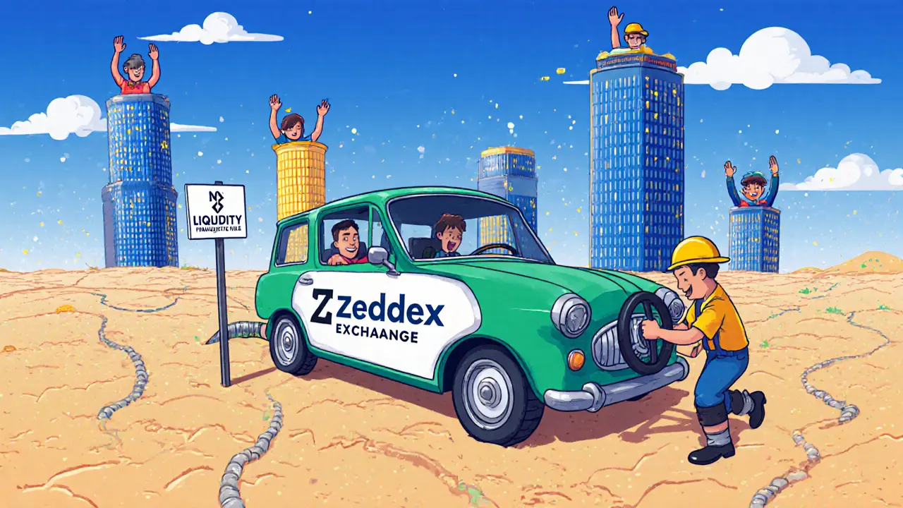 A car with no engine labeled &#039;Zeddex Exchange&#039; sits abandoned in a desert of empty charts.