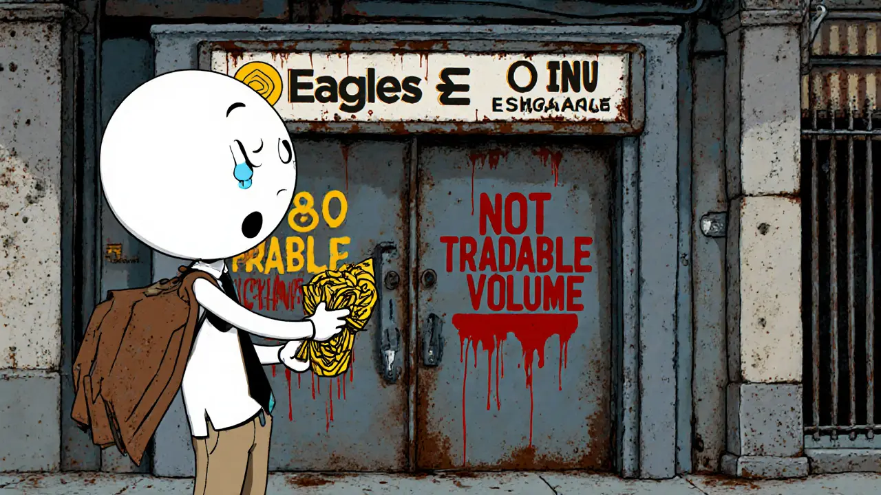 A confused investor tries to trade EAGLE INU tokens at a closed exchange gate.