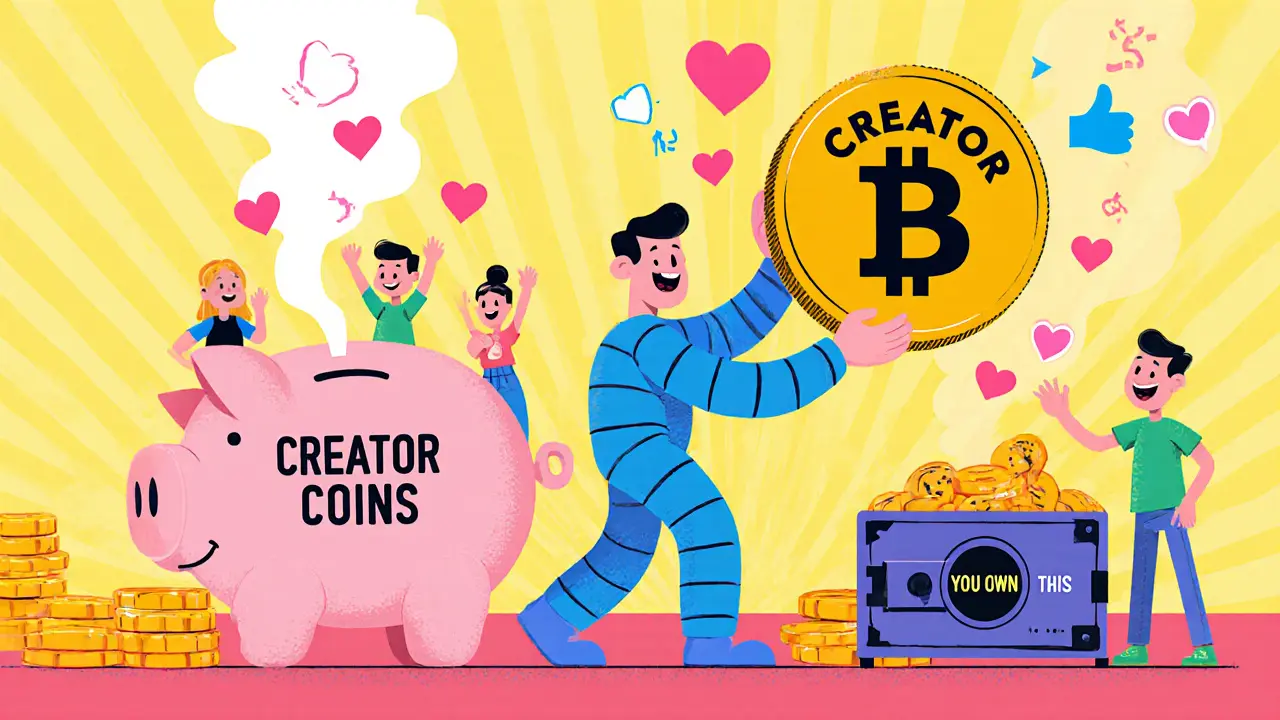 A creator watches a growing cryptocurrency coin fueled by likes, while a giant ad piggy bank fills with user attention.
