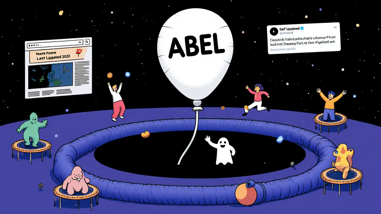 A deflated ABEL balloon sinking into a dead DeFi black hole while other projects bounce happily nearby.
