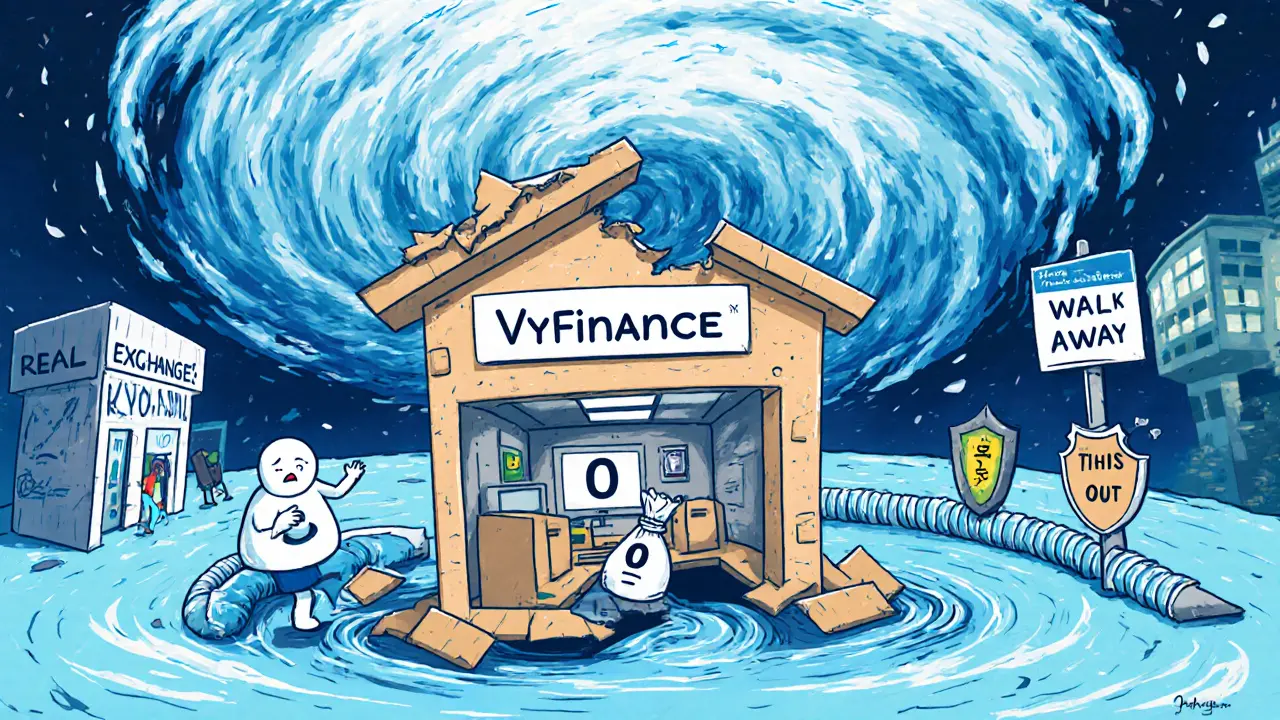 A flimsy VyFinance building crumbles in a regulatory hurricane as crypto slips away.